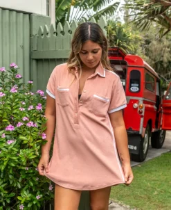 Women Golden Breed Dresses-Bella Terry Dress | Coral/White