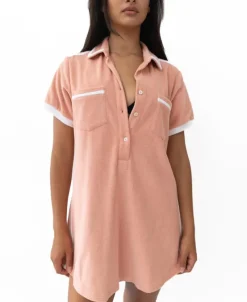 Women Golden Breed Dresses-Bella Terry Dress | Coral/White