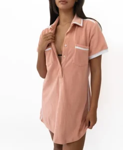 Women Golden Breed Dresses-Bella Terry Dress | Coral/White
