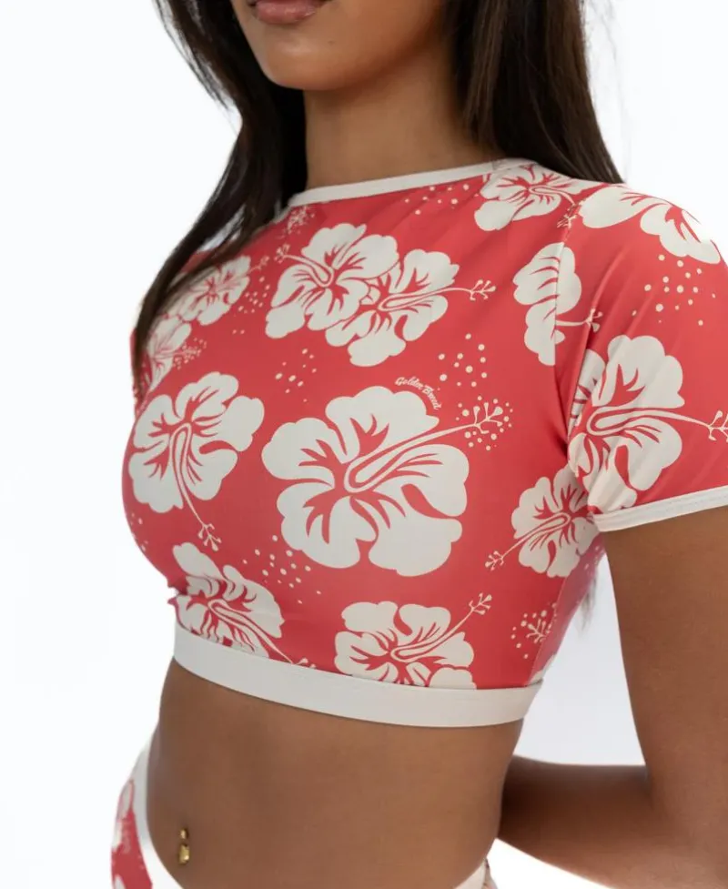 Women Golden Breed Swim-Indie Crop Tee | Hibiscus Wash Red / Beige