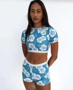 Women Golden Breed Swim-Indie Crop Tee | Hibiscus Azure / Off White