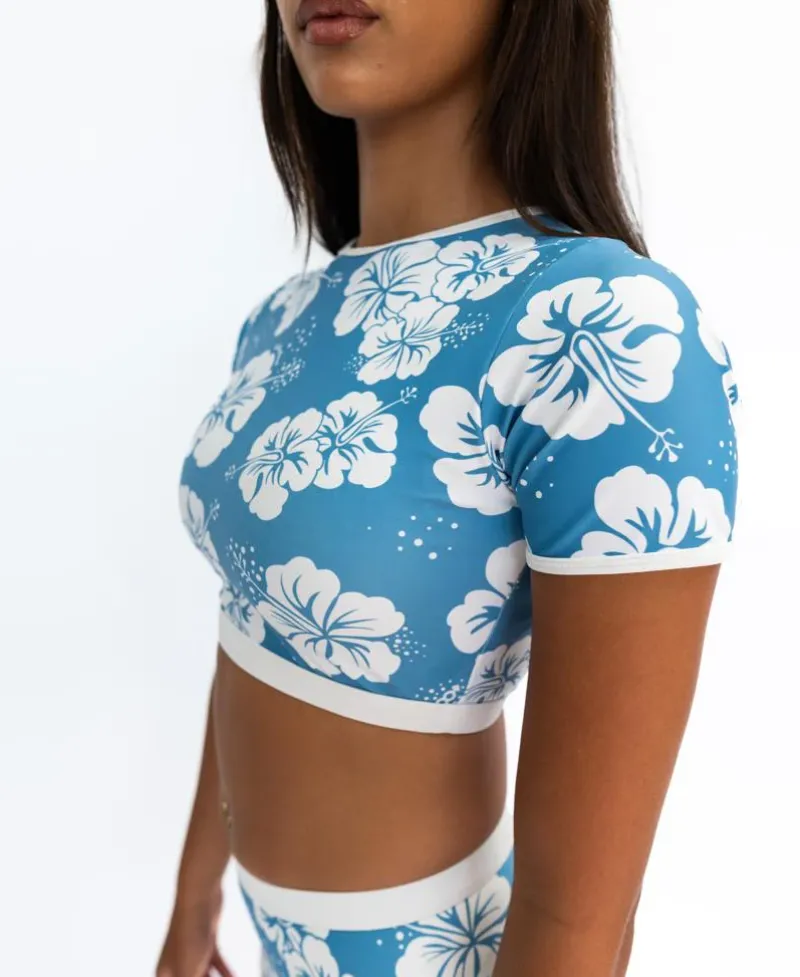 Women Golden Breed Swim-Indie Crop Tee | Hibiscus Azure / Off White
