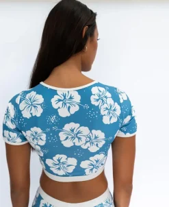 Women Golden Breed Swim-Indie Crop Tee | Hibiscus Azure / Off White