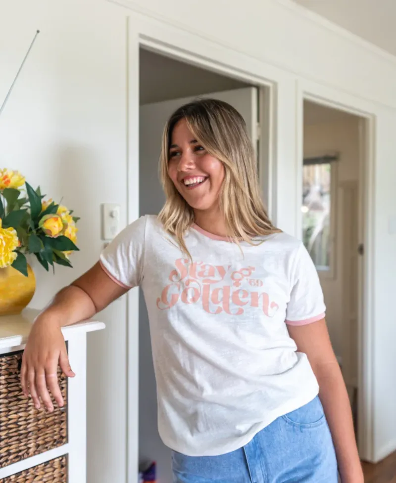 Women Golden Breed Tees-Stay Golden Ringer | Off White/Coral