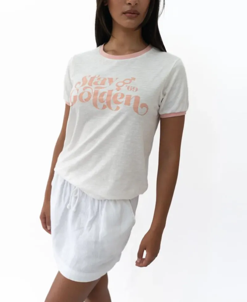 Women Golden Breed Tees-Stay Golden Ringer | Off White/Coral