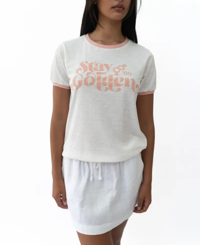 Women Golden Breed Tees-Stay Golden Ringer | Off White/Coral